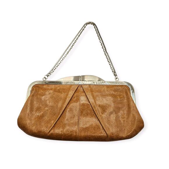 HOBO Hayward Brown Leather Chain Strap Kisslock Clutch Shoulder Bag Purse - Picture 1 of 13